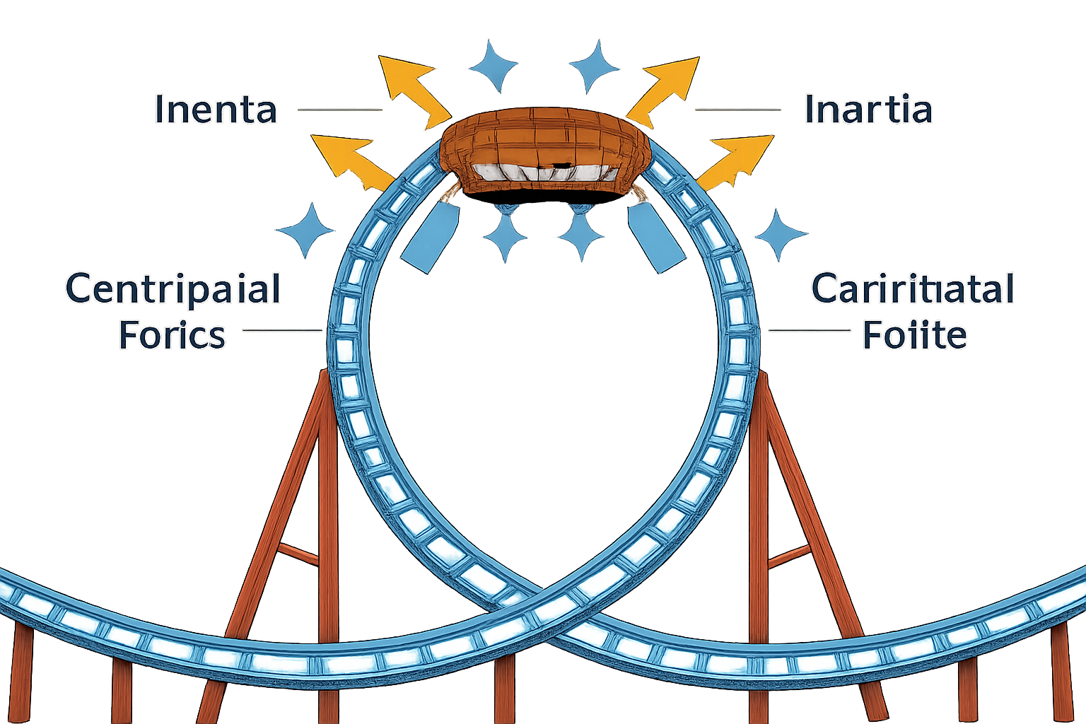 Diagram of a roller coaster car at top of loop with arrows showing centripetal force