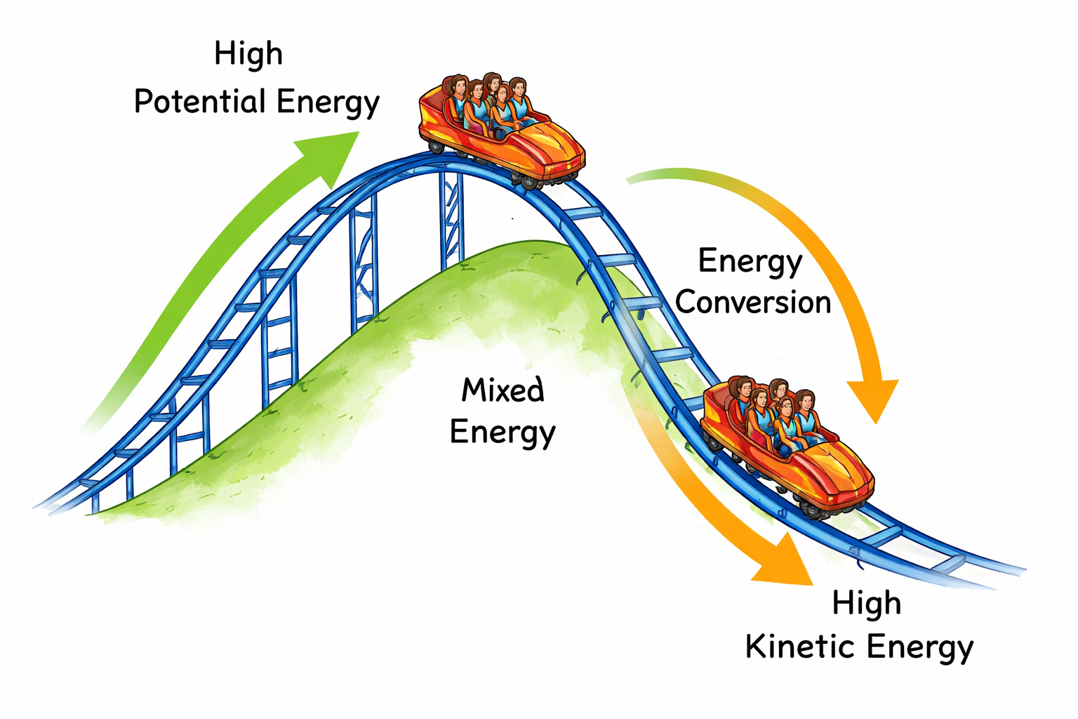Diagram of a coaster car at top, middle, bottom of a hill with changing energy levels