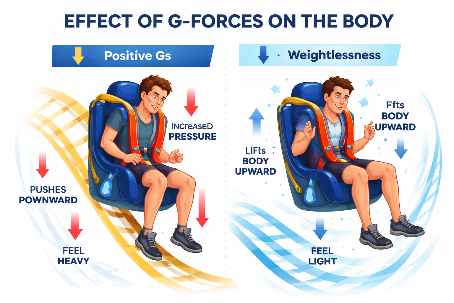 Infographic of a rider in a seat showing positive and negative g-forces