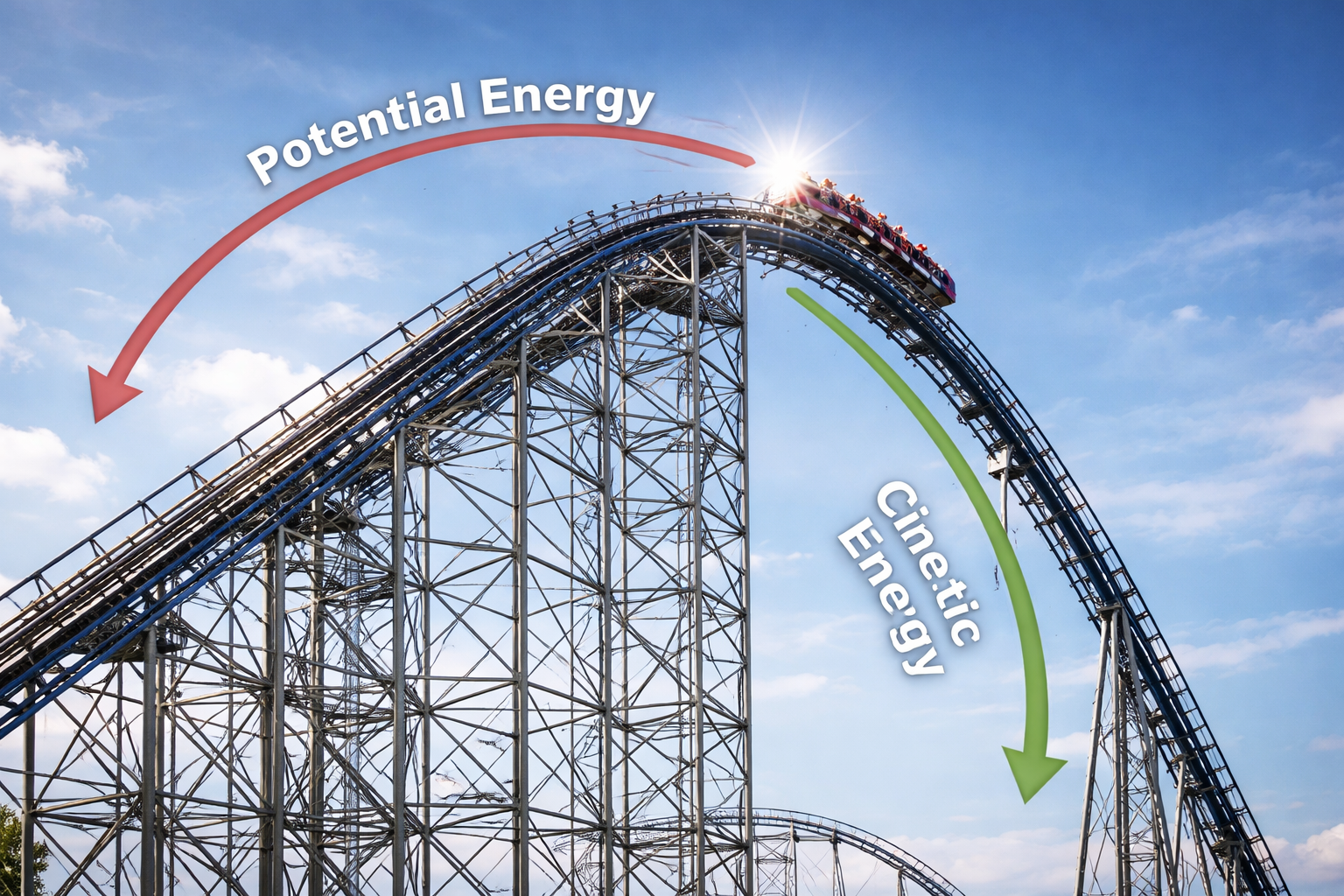 Tall steel roller coaster at the top of a steep hill