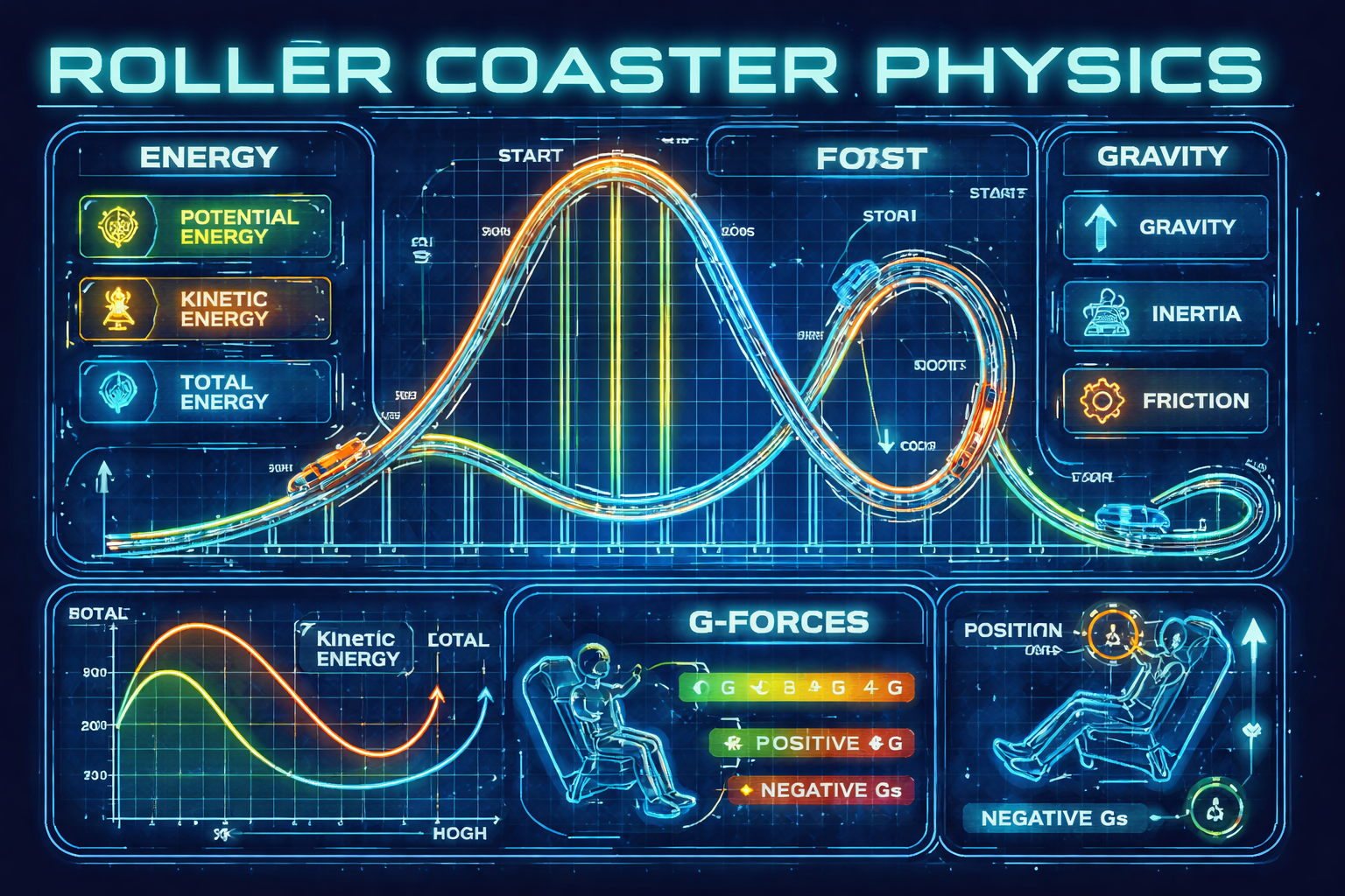 Neon blueprint infographic of a roller coaster labeled with energy, forces, and g-forces
